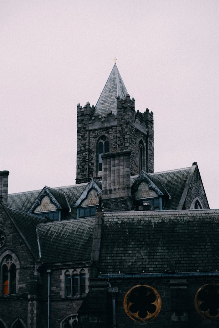 A moody view of the iconic Gothic architecture at Christ Church Cathedral in Dublin, Ireland.
